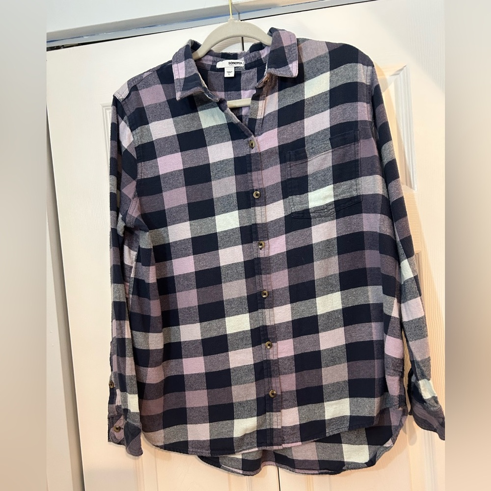 Sonoma Plaid Flannel Shirt Womens L Button Front Cotton Long Sleeve